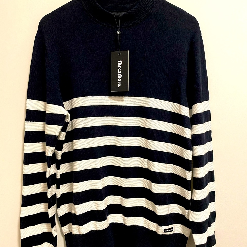 Men's Navy Breton Stripe Crew Neck Jumper
